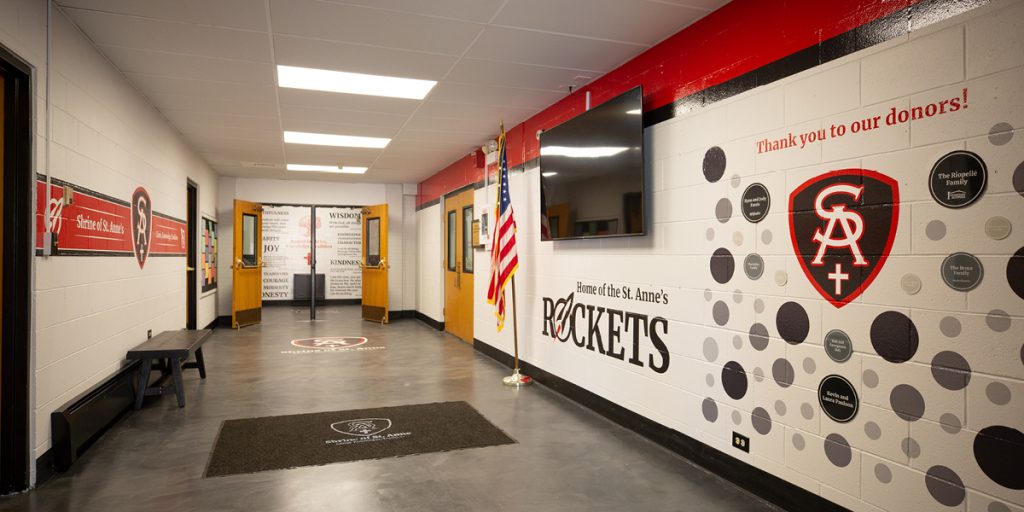 Post-makeover hallway at the Shrine of St. Annes School.